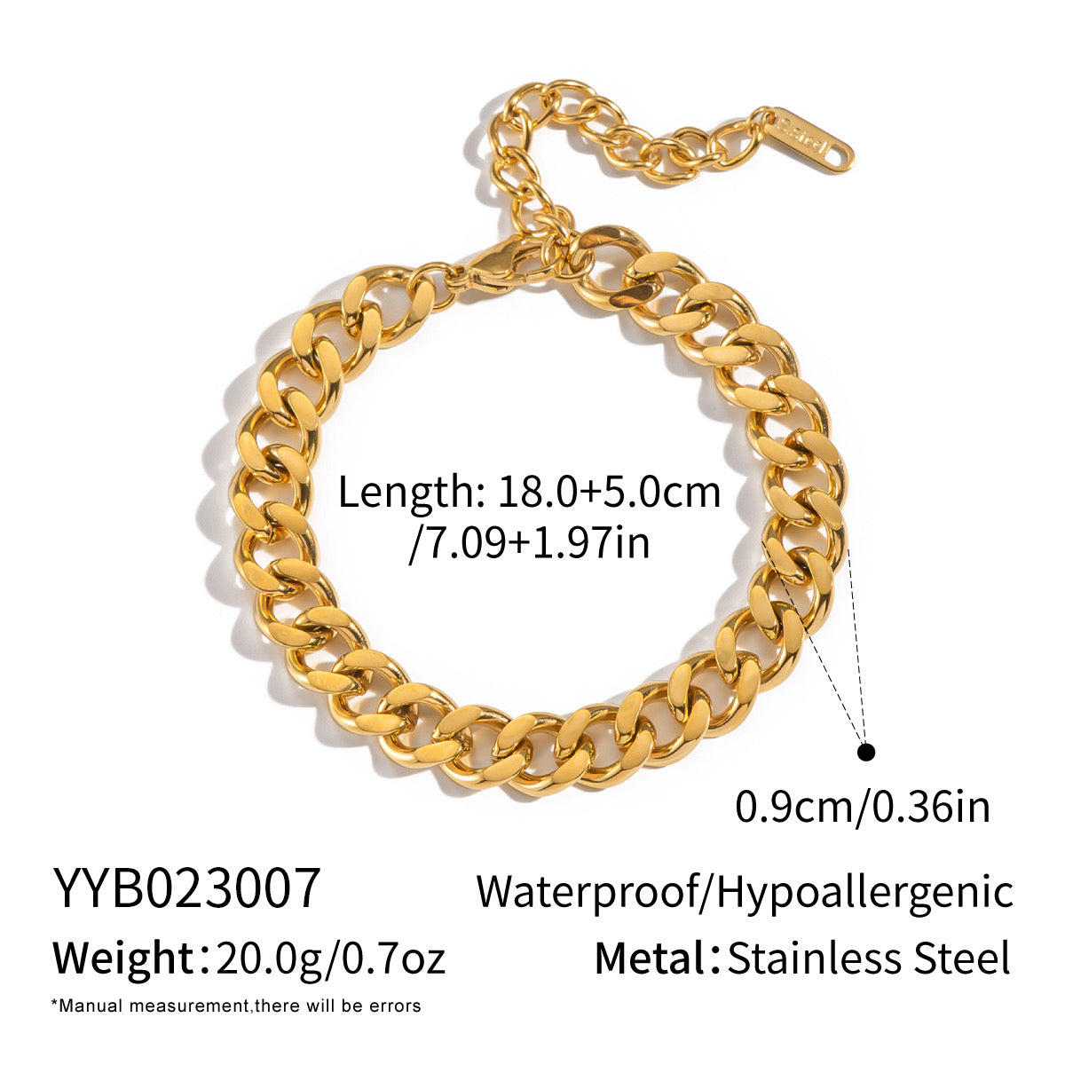 Gold chain bracelet with measurements and material details on a white background