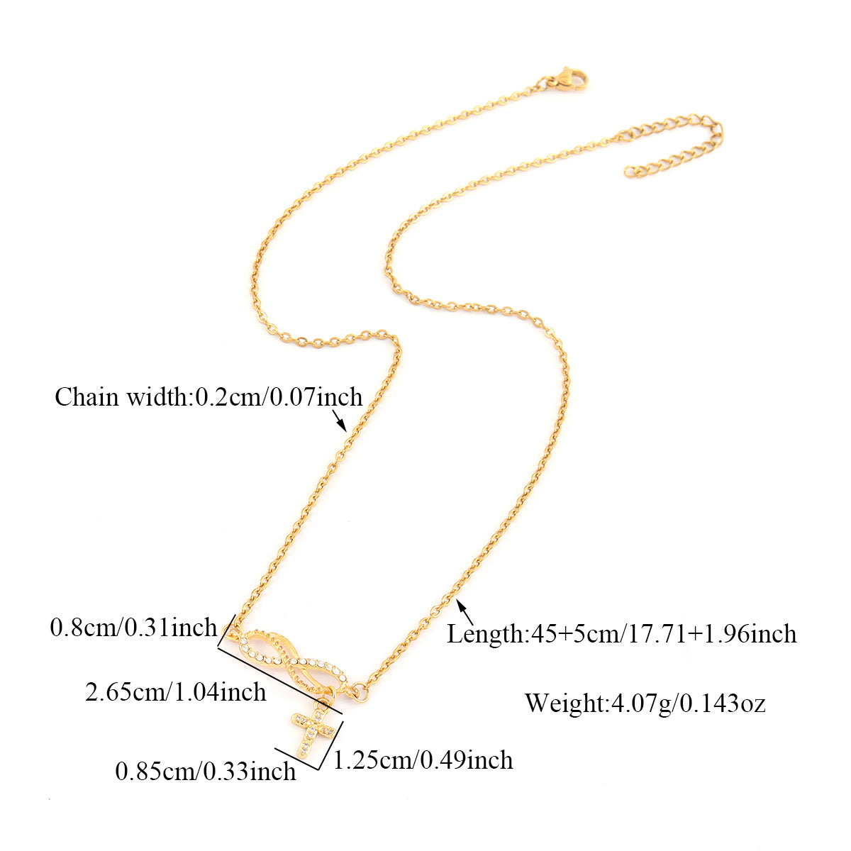 Gold necklace with a wavy chain and a central decorative pendant, shown on a white background with overlaid measurements for chain width, pendant dimensions, length, and weight.
